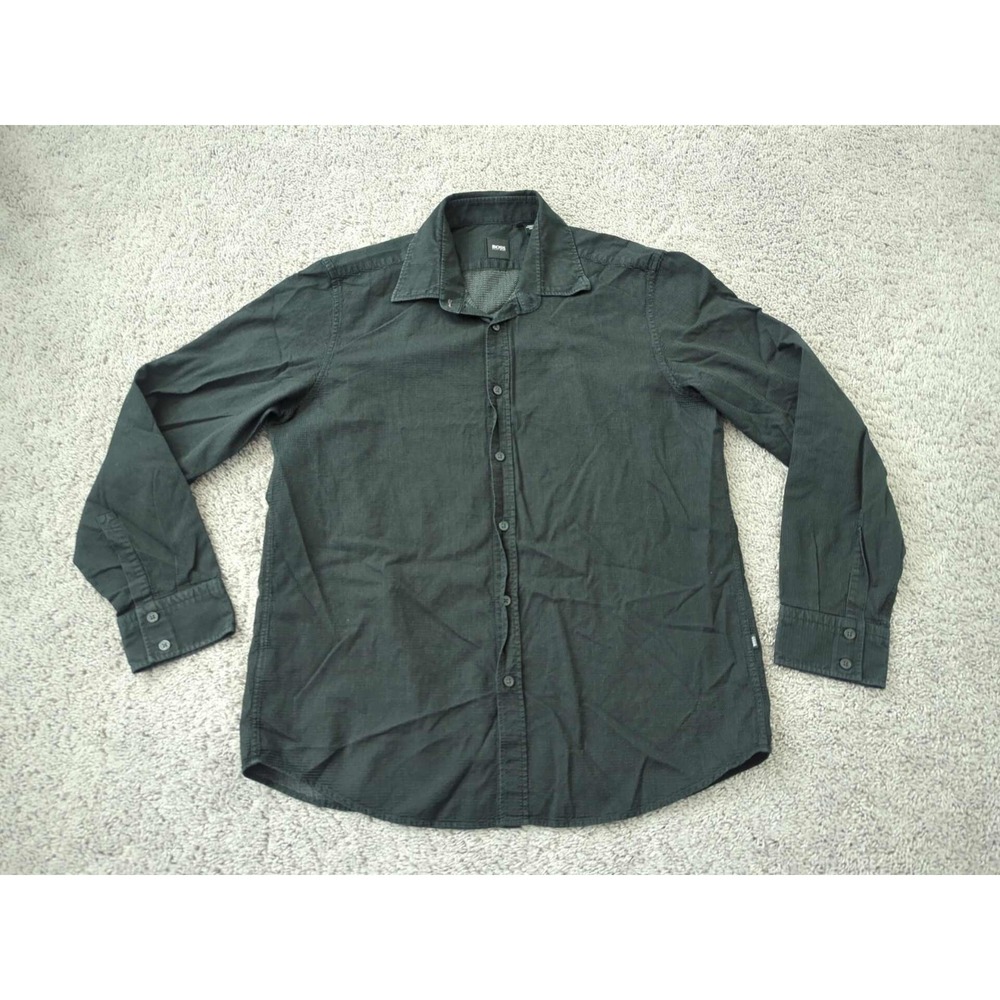 Hugo Boss Button Up Shirt Men XL Black White Textured Long Sleeve Preppy Casual‎